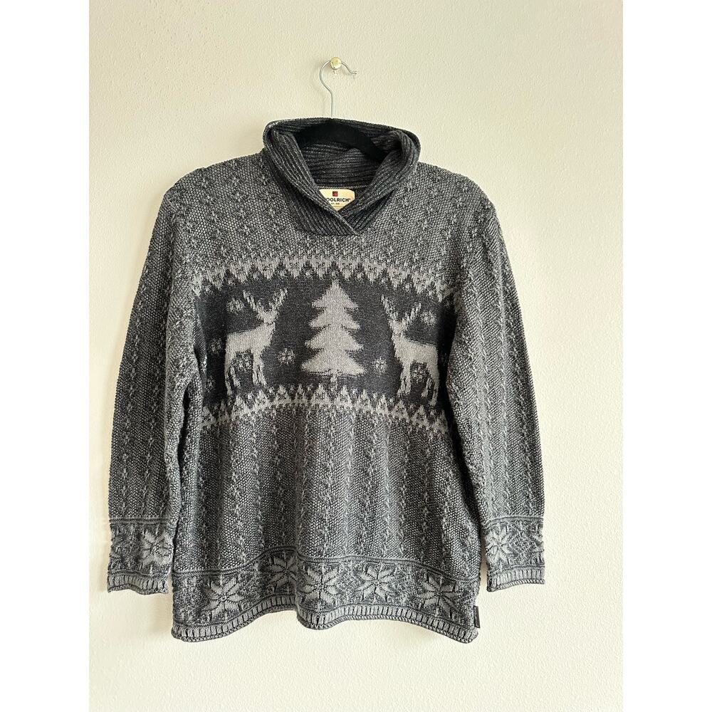 Woolrich Deer Print Rolled V-neck Collared Grandpa Sweater Gray Size Large